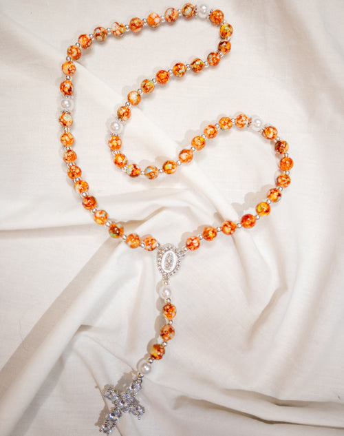 Collier En Argent Massif Avec Courbes Et Perles Oranges, Vintage
