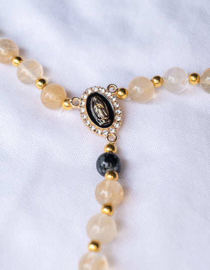 Chapelet Jaune Citrine, noir intense & doré